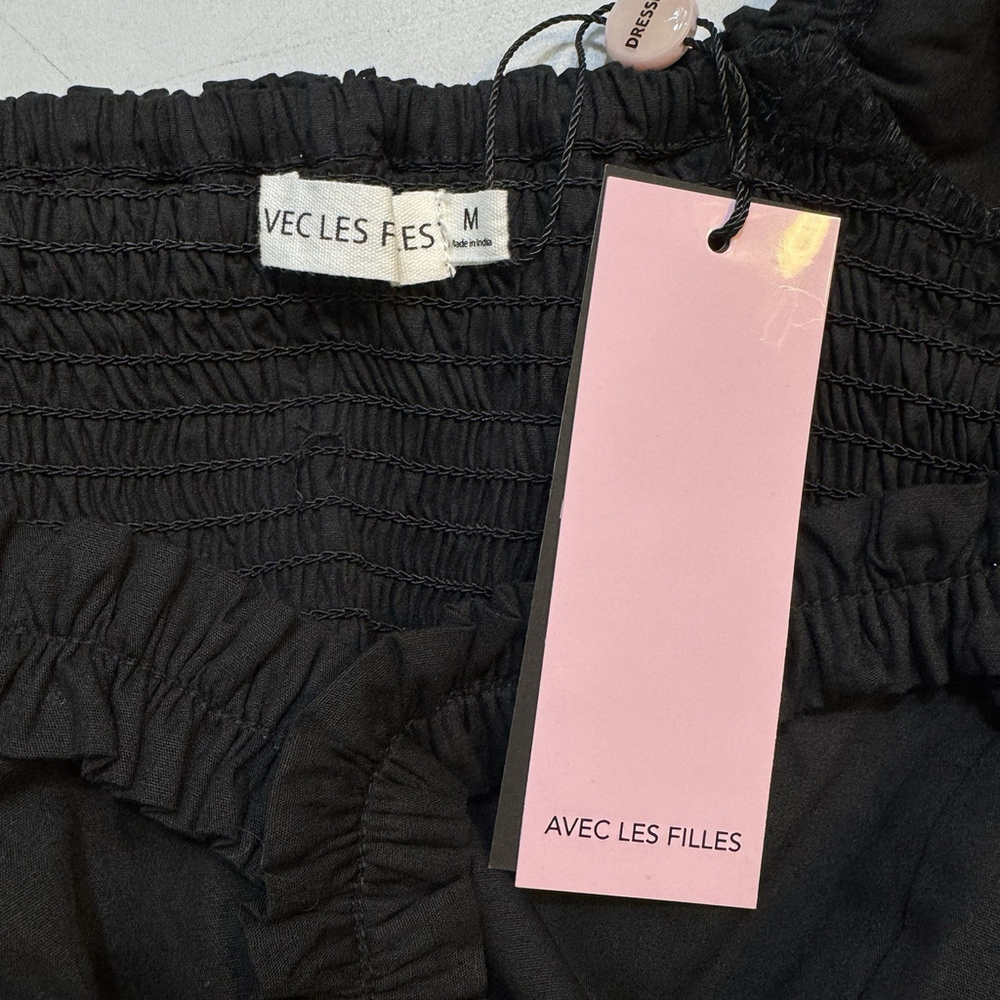 AVEC LES FILLES Cotton Puff Sleeve Bubble Hem Mini Dress Black Size M - Picture 8 of 8